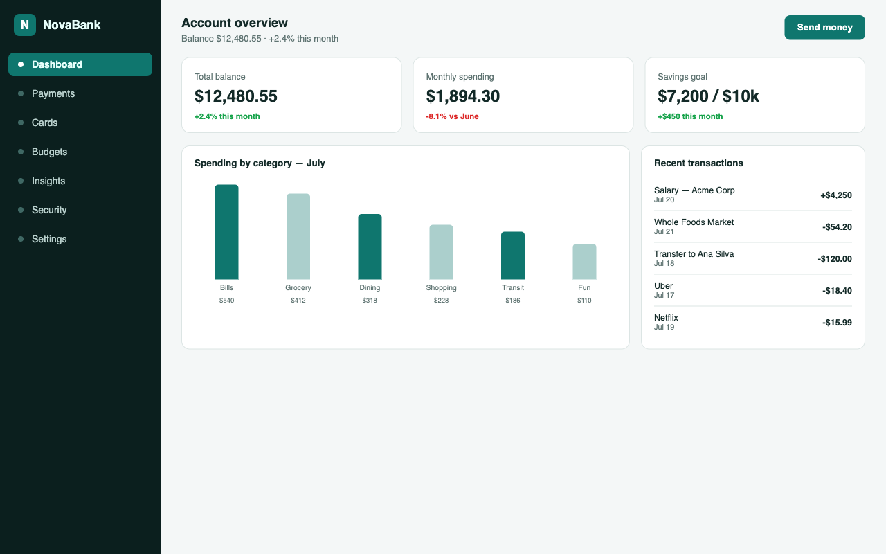 NovaBank app preview